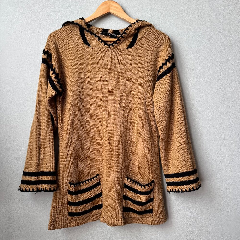 Vintage Knit Sweater Brown/Black Hooded Tunic